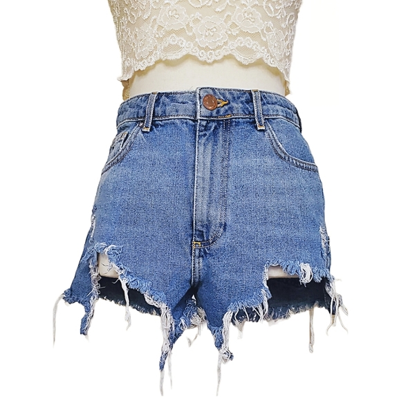 High Waist Distressed Denim Shorts - Picture 2 of 7